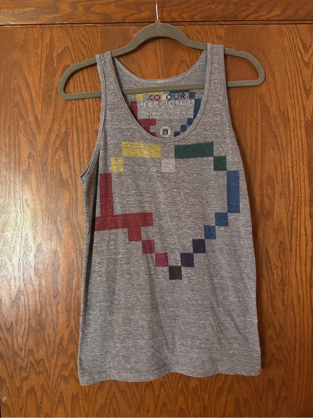 .free clothing company grey tank top with rainbow pixel heart